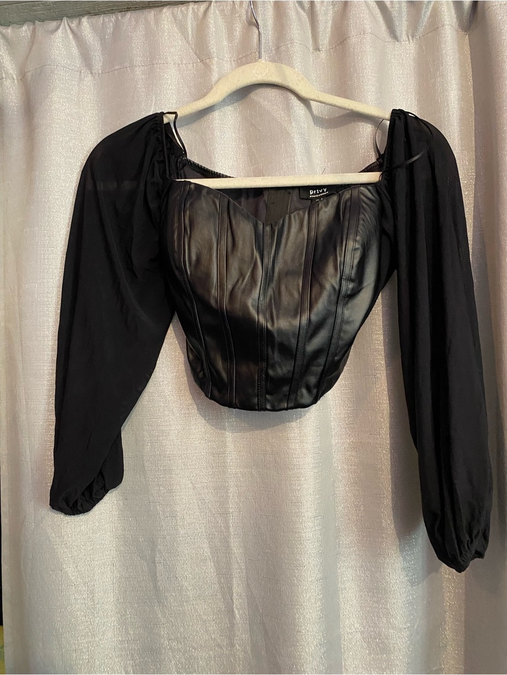 privy Black Faux Leather Corset Crop Top with Sheer Bishop Sleeves